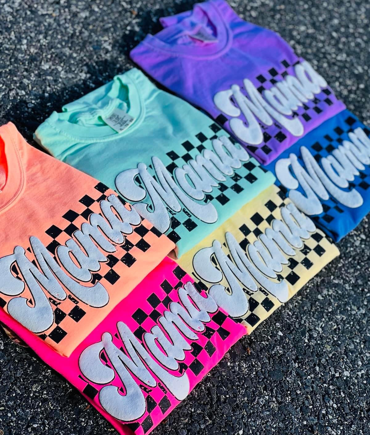 Rainbow Checkered Mama PUFF Tees (S,2X,3X,4X)