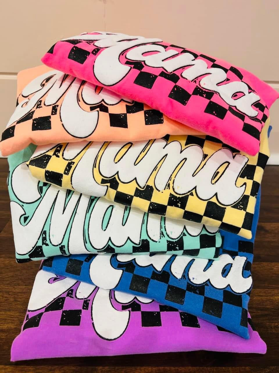 Rainbow Checkered Mama PUFF Tees  (S,2X,3X,4X)