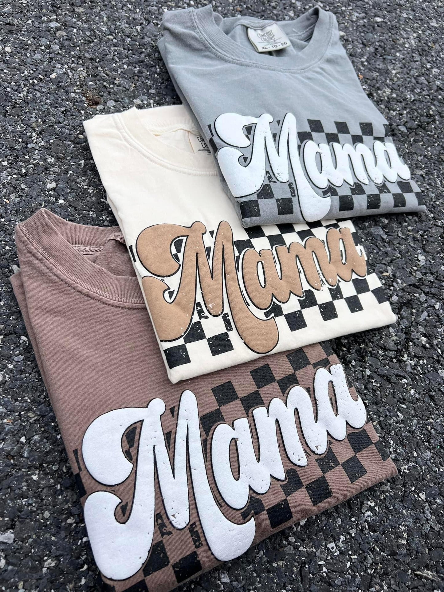 Earth Tone Checkered Mama PUFF Tees - RTS S 2X 3X 4X